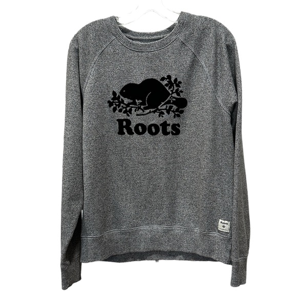ROOTS Canada Felt Print Graphic Salt & Pepper Crew Long Sleeve Sweatshirt L - Picture 1 of 12